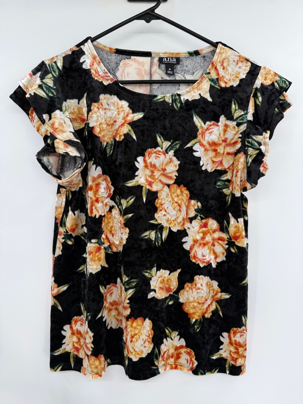 a.n.a Black Floral Print Short Ruffle Sleeve Top Size M